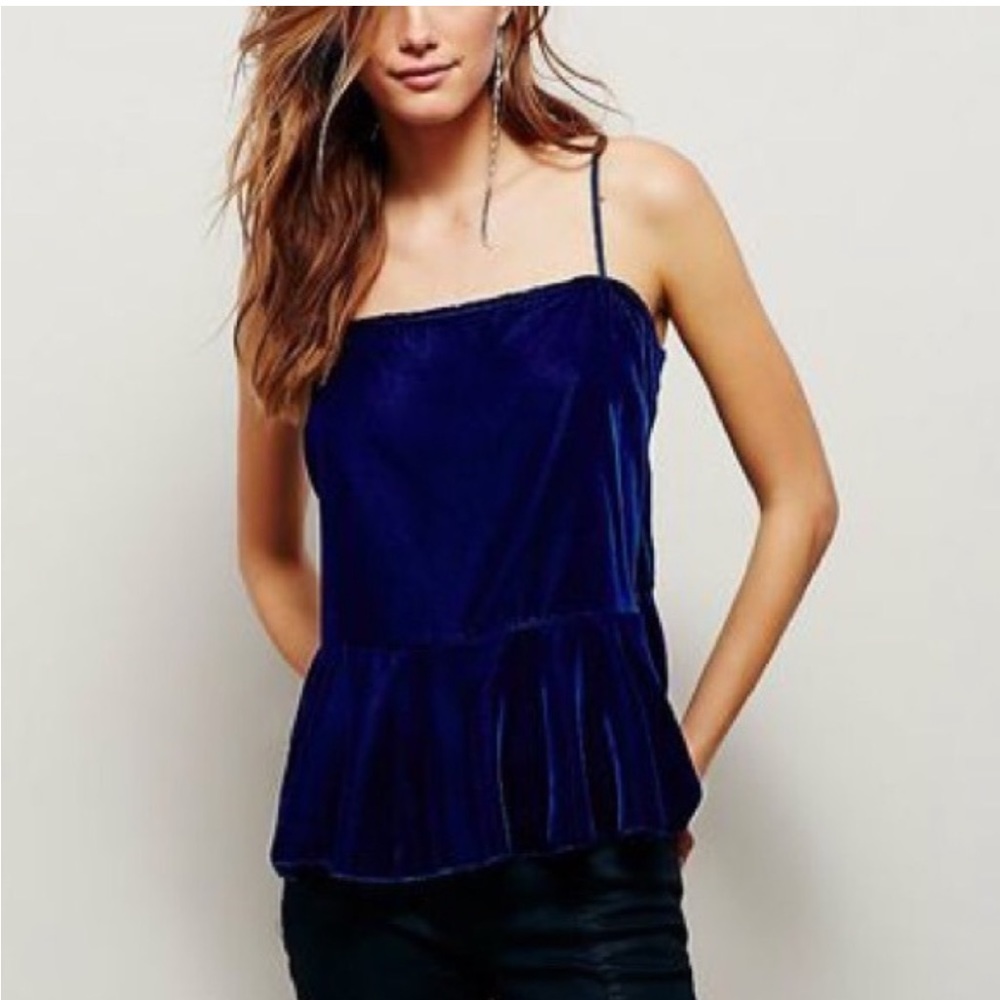 Free People Velvet Peplum Blue Spaghetti Strap Top XS